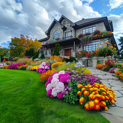 Wall Mural - brightly colored flowers line the front of a large house