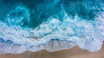 Canvas Print - Aerial drone footage of sea ocean waves reaching shoreBeach with aerial drone Beach clear turquoise top view Beautiful beach : Generative AI