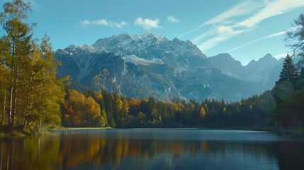 mountains mountain zugspitze  forest and lake bavaria bayern alps beautiful landscape scenery nature photography island autumn coast : Generative AI