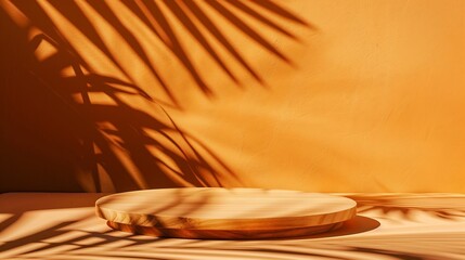 Aufkleber - Wooden cut podium on orange background with palm tree shadow Stand for the presentation of beauty products cosmetics : Generative AI
