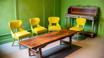 Wooden table with yellow chair and olive green wall