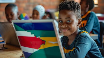 Aufkleber - A young boy smiles while using a laptop featuring the South African flag in a vibrant classroom filled with other students.