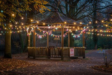 A colorful gazebo in a park, decorated with strings of lights and bunting, celebrating Guy Fawkes Night. The entrance is marked with a sign indicating the occasion.