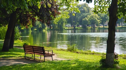 Fototapete - Nice city park by the lake : Generative AI