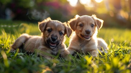 A pair of playful puppies tumbling in the grass, bathed in morning light