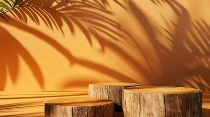 Aufkleber - Wooden cut podium on orange background with palm tree shadow Stand for the presentation of beauty products cosmetics : Generative AI