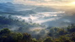 © Дмитрий Лазебный - A panoramic view of rolling hills blanketed in morning mist, with the sun rising in the background. Misty Morning in the Hills