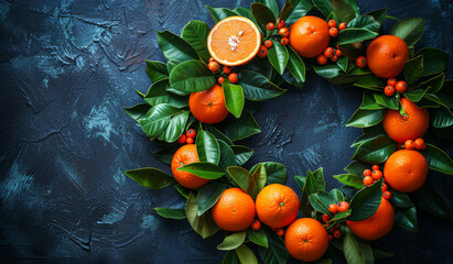 Wall Mural - A wreath made of oranges and leaves. The oranges are arranged in a circle and the leaves are around them