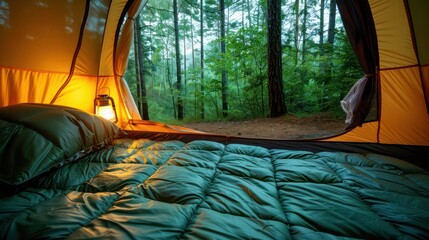 Poster - A tent with a green bed and a lantern in the middle