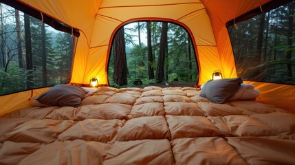 Poster - A tent with a bed inside of it. The bed is covered in blankets and pillows. The tent is yellow and has a tent pole sticking out of it
