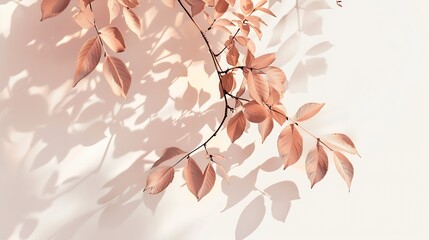 Poster - Abstract leaves shadow blurred background Natural leaves tree branch foliage pink rose gold diagonally shadows and sunlight on white wall in nature for background wallpaper and any des : Generative AI