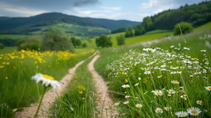 Aufkleber - A road runs through a field of yellow and white flowers. The road is narrow and winding, and the flowers are scattered throughout the field. The scene is peaceful and serene, with the road