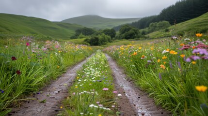 Aufkleber - A road runs through a field of flowers. The road is muddy and the flowers are in full bloom. The scene is peaceful and serene