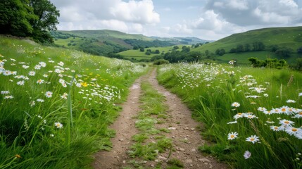 Aufkleber - A dirt road winds through a field of wildflowers. The road is narrow and surrounded by tall grass. The scene is peaceful and serene, with the sun shining through the clouds