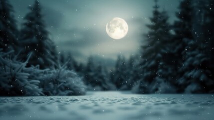 Poster - A moon is shining brightly in the sky above a snowy forest. The scene is peaceful and serene, with the moonlight casting a soft glow on the snow-covered ground. The trees are bare and covered in snow