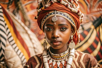 Wall Mural - A beautiful black African girl in a traditional African national costume. Against the background of bones. The portrait symbolizes the traditions, culture and beauty of the African people.