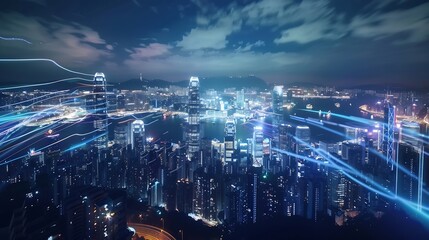 Poster - Beautiful light trials effect on Hong Kong skyscape at night : Generative AI