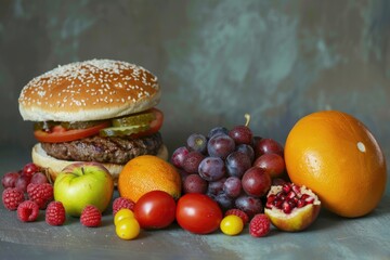 Healthy Vs Unhealthy Diet Choices. Concept Photo of Nourishing Fruits and Vegetables vs Unhealthy Donuts, Sweets, and Burgers