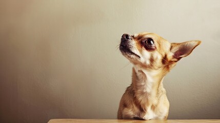 Chihuahua dog sitting at a table looking up on a plain beige studio background : Generative AI