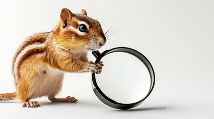 Wall Mural - Funny pet chipmunk searching with  loupe on white : Generative AI