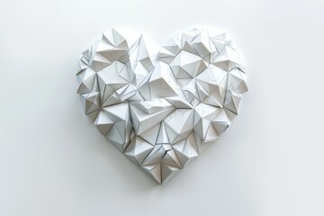 A stunning sculpture of a heart made up of intricate 3D geometric shapes, showcased on a pristine white background. The level of detail and precision is truly breathtaking.