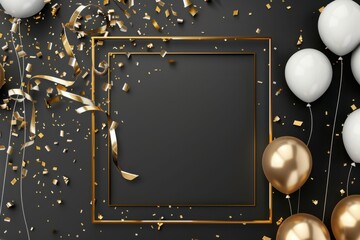 Wall Mural - wedding card with golden frame, lots of gold confetti and balloons around the border, black background Generative AI