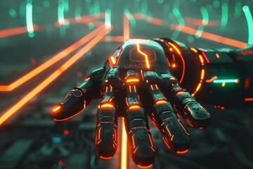 Wall Mural - Robotic hand with glowing orange patterns in a futuristic setting highlighting advanced technology and sleek design.