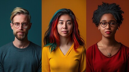 Poster - portrait of people, each standing out with different colors and styles, the professional lighting highlighting their features against a clean background