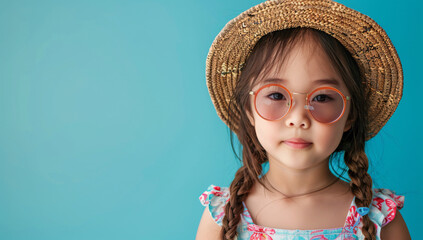 A beautiful Asian girl in a trendy summer outfit on a bright studio background, exuding joyful and cheerful vibes.