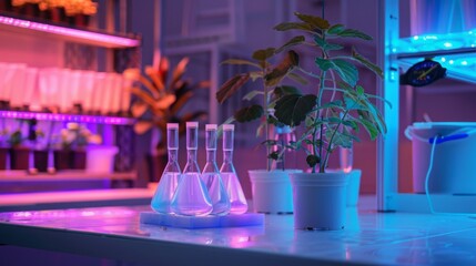 Poster - Four beakers of clear liquid on white table under pink and blue light, with plant next to them. Other plants in background are blurry