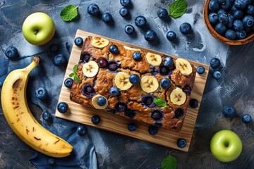 Wall Mural - Blueberry Banana Bread. Freshly Baked Loaf Cake with Sweet Blueberries and Mint