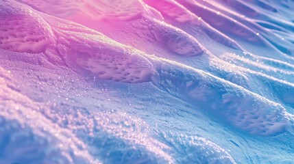 close-up of a textured surface with a gradient of pink to blue hues, featuring a pattern of raised, 