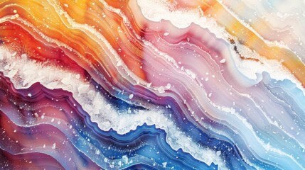 Sticker - Abstract, multicolored pattern with swirling bands of orange, pink, purple, and blue, speckled with white, resembling a slice of agate