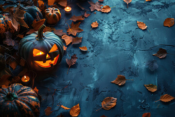 Sticker - Mysterious Halloween night scene with a glowing carved pumpkin and scattered autumn leaves on a moody blue background.