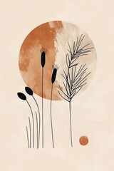 Minimalist botanical illustration with abstract sun and grasses on a beige background.