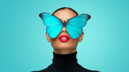 Wall Mural - a woman is wearing a blue butterfly mask. the butterfly is blue and has red lips