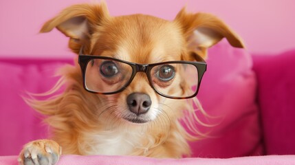 A small brown dog is wearing glasses and looking at the camera. The image has a playful and lighthearted mood, as the dog is dressed up in a human-like manner