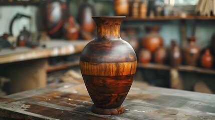 Wall Mural - A wooden vase with a brown stripe sits on a table