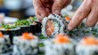 © svastix - An intricate and close-up image of beautifully crafted sushi rolls, showcasing the meticulous hand preparation and attention to detail in crafting this exquisite Japanese delicacy.