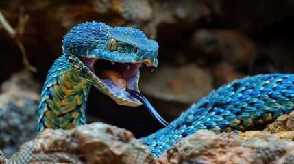 snake striking. beautiful rattlesnake in mid-strike, venomous fangs and blue colors