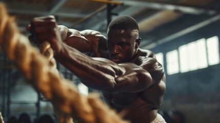 A muscular athlete is training with a rope, showing off his strength and dedication to fitness