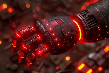 Poster - Futuristic robotic hand with red lights showcasing advanced technology and intricate design in a high tech setting.