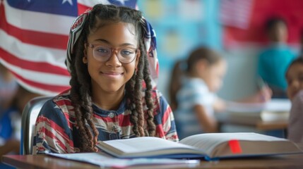 Aufkleber - A young student smiles as she studies at her desk in a vibrant classroom decorated with an American flag.