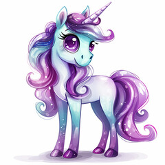 cartoon unicorn with long mane and purple mane standing in front of a white background