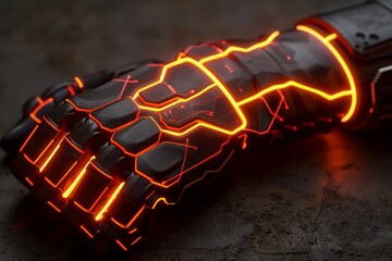 Sticker - Robotic hand with red neon lights in a dark setting highlighting advanced technology and sleek design in a futuristic environment.