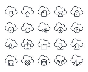 Wall Mural - cloud computing and storage editable stroke outline icons set isolated on white background flat vect
