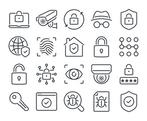 Wall Mural - safety, security and protection concept editable stroke outline icons set isolated on white backgrou
