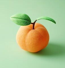 A fuzzy orange peach with a green leaf on top