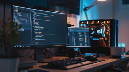 modern computer setup with code on the screen, symbolizing software development and coding work in a
