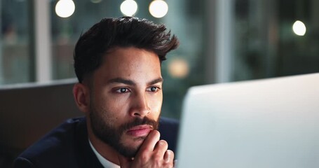 Leinwandbilder - Reading, laptop and businessman in office at night for corporate budget report deadline. Thinking, computer and male financial analyst working overtime for company investment analysis in workplace.